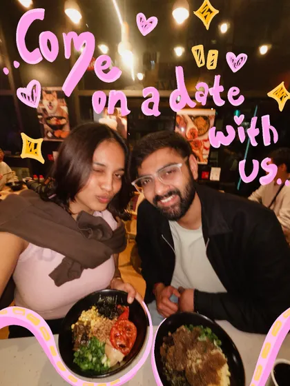 Come on a date with us. This selfie is transformed into a cute invitation with pink handwritten text and sparkly doodles.