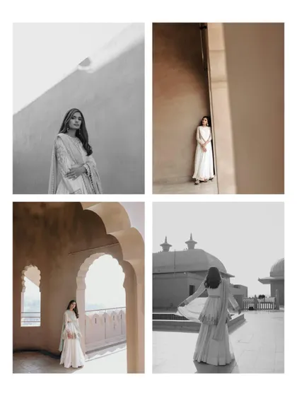 A monochrome collage of Amani during her shoot in Jaipur, playing with light, shadow, and architectural frames for an artistic, editorial feel.