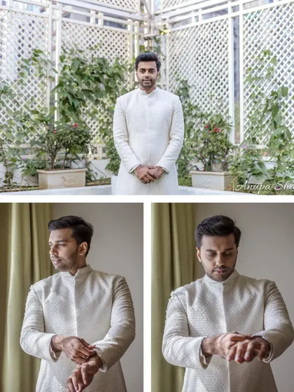 Portraits of the groom, looking sharp and ready. These shots show him getting ready and a final posed look in his elegant white sherwani.