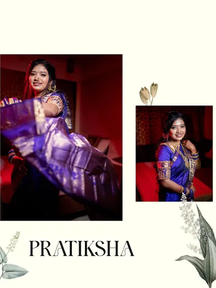 A dynamic portrait of the bride Pratiksha, with the fabric of her royal blue saree in motion.
