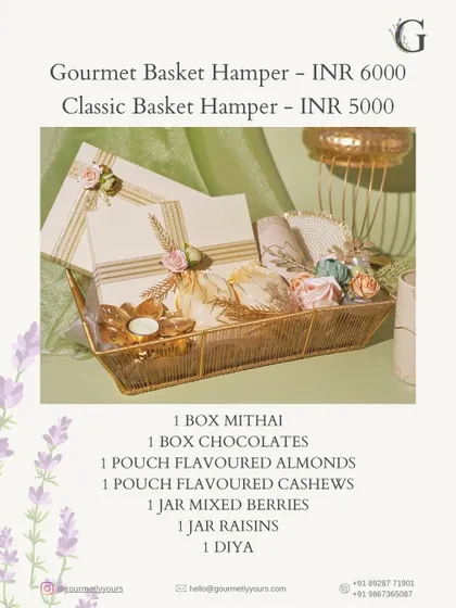 Details of our Diwali Gourmet and Classic Basket Hampers. This image lists the generous contents, including multiple boxes of sweets, flavored nuts, and berries.