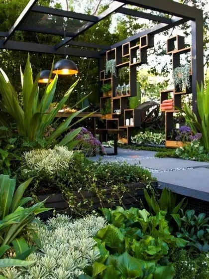 A lush, garden-style terrace design where the focus is on dense, layered planting. I created a private seating nook surrounded by large plants and a custom shelving structure.