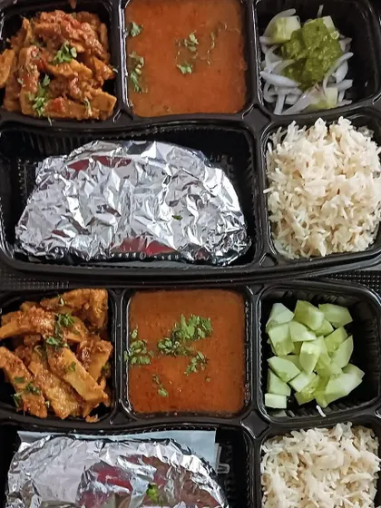 A customized thali with chana masala and arbi sabzi. I love creating these unique combinations based on customer requests.