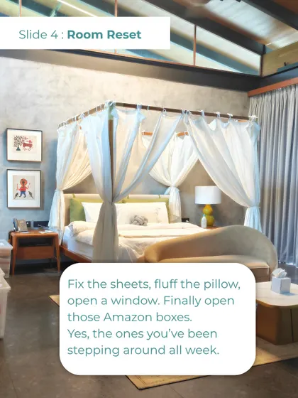 A Sunday room reset is about more than just cleaning. It's about fluffing the pillows, opening a window, and finally tackling those Amazon boxes you've been stepping around. It's about resetting your mind.
