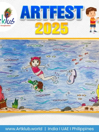 A magical underwater scene with a mermaid swimming alongside a seahorse and turtle, from our junior division.