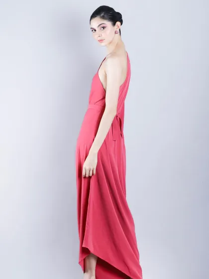 A back view of the pink dress, showing the tie-back detail and asymmetrical hemline, essential for a complete product view on an e-commerce site.