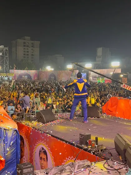 This is my view from the stage at the Rangraas Navratri festival. Facing a sea of thousands of people, I connect with them, make them a part of the show, and ensure the energy never drops for a second.