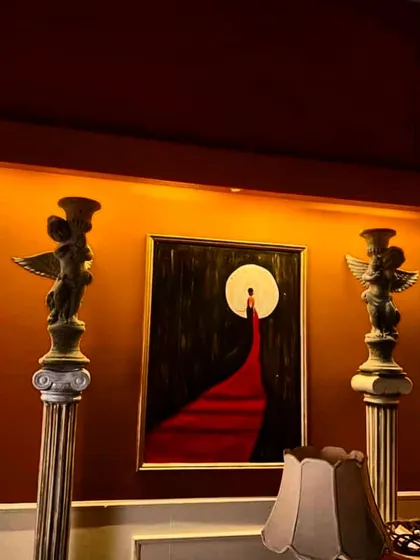 A painting I created for a murder mystery-themed event. The art itself held clues to the mystery, making it an interactive part of the experience.
