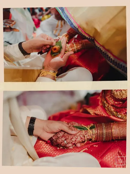 A collage focusing on the hands of the couple during various rituals, highlighting the symbolic gestures of marriage.