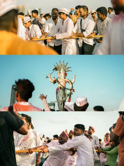 A collage of moments from the visarjan, showing the physical effort and collective spirit of the devotees as they pull the massive idol towards the sea.