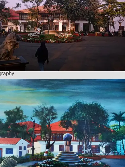 This image compares a photograph of a location at my art school with my landscape spot painting of the same scene. It's an example of my work in landscape painting.