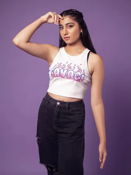 A dynamic pose that adds a bit of attitude. Great for a youthful, fashion-forward brand.