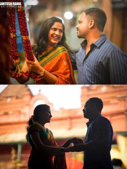 A diptych featuring a silhouette shot and a candid moment with a flower garland, showcasing our creative use of light.