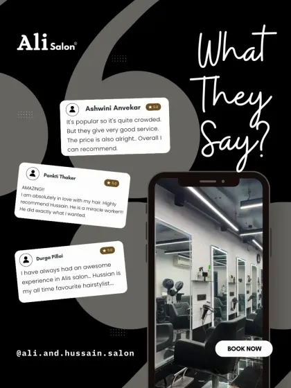 A collage of glowing reviews from happy clients. They praise the awesome experience, the "miracle worker" skills, and their loyalty to the salon.