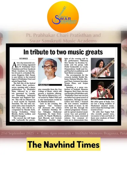 The Navhind Times featured a piece titled 'In tribute to two music greats'. I am thankful for their support in sharing the story of this special event.