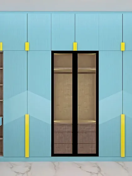 A 3D design for a kids' room wardrobe. The playful blue color with unique yellow handles and a central glass door section shows how I can customize designs for any member of the family.