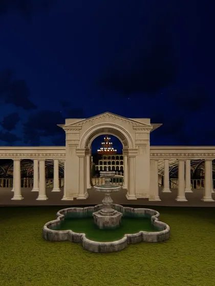 A 3D render of the long colonnade structure, inspired by ancient Roman ruins. This was part of the ambitious plan to transform a barren landscape into a believable lost city.