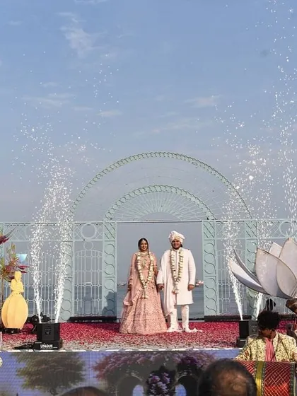 The couple's varmala ceremony on our 'Dancing Dolls' stage, with cold pyro creating a dramatic and celebratory moment.