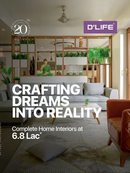 I craft dreams into reality. This beautiful living room with natural elements is an example of the complete home interiors I offer starting at 6.8 Lac.