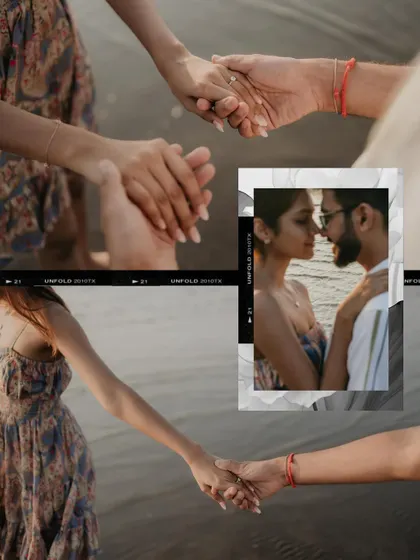 This creative collage focuses on the simple, intimate gesture of holding hands. It blends close-up details with a romantic portrait, emphasizing the deep connection shared by the couple during their beach pre-wedding shoot.