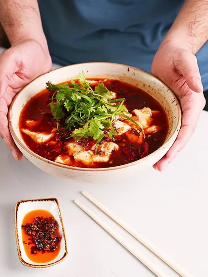 Stay home, stay cozy, and let me cook for you. This bowl of Steamed Sole Fish in a spicy chili oil broth is perfect for a chilly evening.