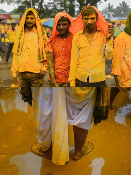 Action shots and crowd scenes from the turmeric festival, capturing the dynamic energy of the celebration. These images show devotees dancing, playing drums, and throwing clouds of yellow powder into the air.
