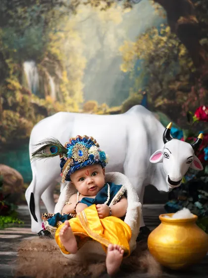 My Krishna Manmohana theme, complete with a sacred cow and a pot of butter. It's a joy to create these divine and playful scenes.