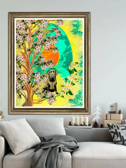 A vibrant digital painting of a dog sitting under a blossoming tree, shown in a holiday-themed room.