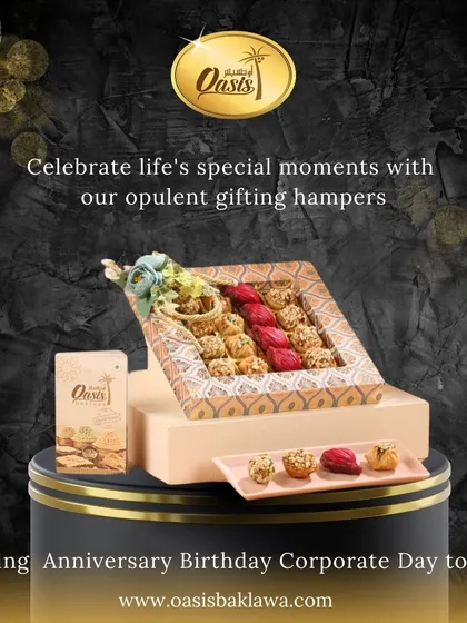 Celebrate life's special moments with my opulent gifting hampers. This image displays a beautiful box of my fusion sweets, presented on a pedestal to highlight its luxury.
