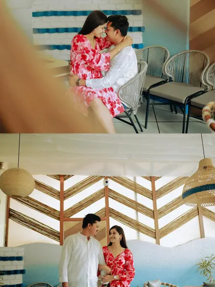 A collage of intimate moments from a cozy cafe pre-wedding shoot. The vibrant decor of the BBC Restaurant Cafe adds a fun and modern touch to their love story.