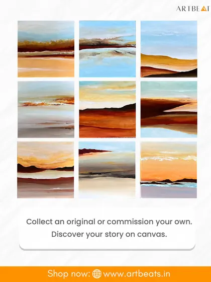 This grid showcases the variety within a single series of my abstract landscapes. Each small painting explores a different mood through color and texture, from earthy desert tones to cool sky blues. You can collect an original or commission a series that tells your own story.
