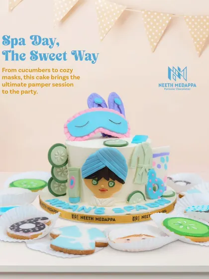 A spa day, but make it sweet. This entire dessert setup was for a pamper-themed party, featuring a custom cake decorated with fondant sleep masks and cucumbers, along with matching illustrated cookies.