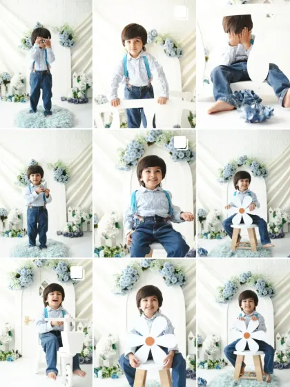 A grid collage showing the many expressions of a little boy during his studio session. This format is a great way to showcase your child's personality.