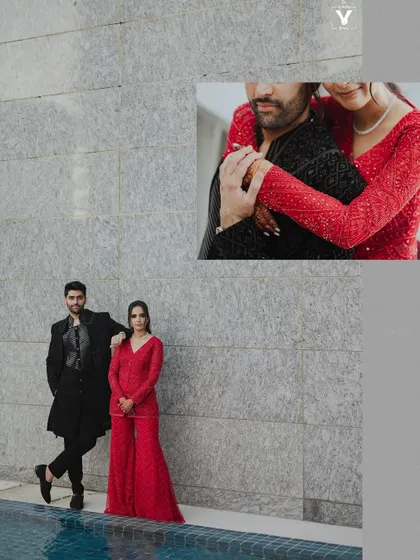 A collage combining a full-length portrait of a couple by a pool with a close-up of their embrace, showcasing both the overall style and the intimate connection.