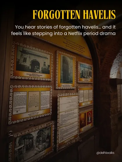 Hearing stories of forgotten havelis feels like stepping into a period drama. This image shows a display of historical documents and photos inside one such mansion.