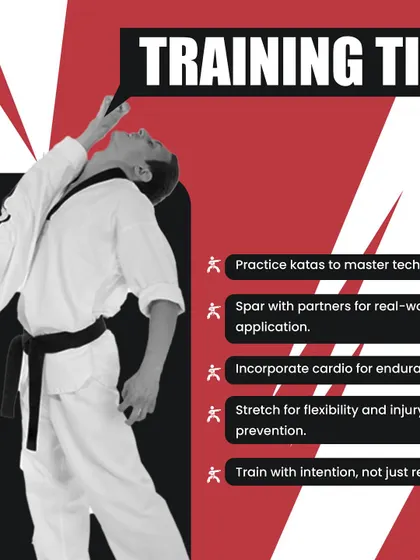 Key training tips for success, including practicing katas, sparring, and incorporating cardio and stretching with intention.