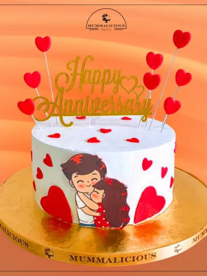 Celebrate your love story with this cute anniversary cake. The illustrated couple and scattered red hearts create a sweet and personal message for your special day.