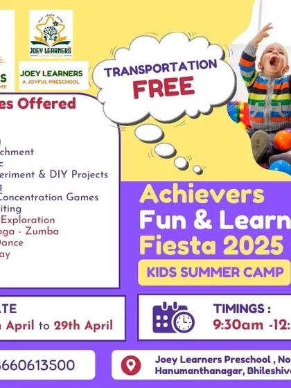 This flyer for our camp at Joey Learners Preschool in Hanumanthanagar, Bangalore, has a special highlight: Transportation Free! It also lists the extensive range of courses, from Abacus to Zumba.