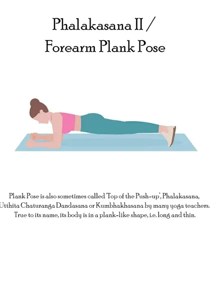 Phalakasana II (Forearm Plank Pose) is a variation of plank that builds core strength and stability while being less strenuous on the wrists.