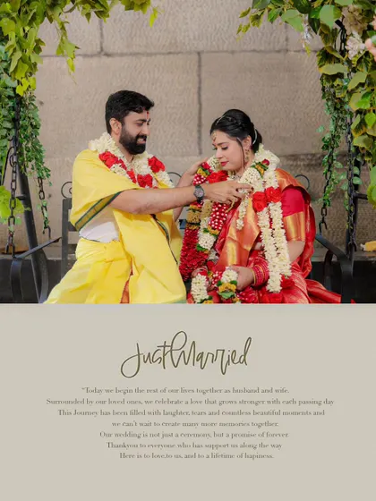 "Just Married." Kishi and Aaditya during their wedding ceremony, seated on a swing adorned with flowers.