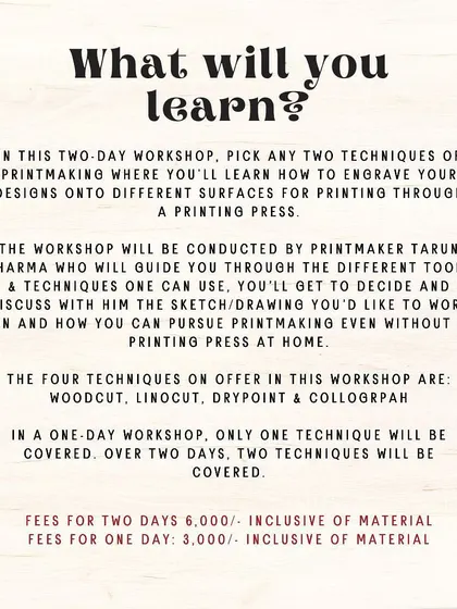 This graphic details what you can learn in our two-day printmaking workshop, from engraving your design to using a printing press.