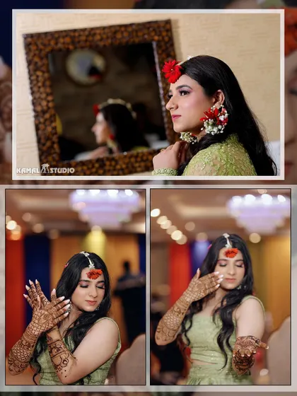 A collage of the bride with her floral jewelry, showing her getting ready and admiring her henna.