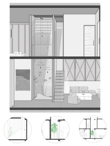 A sectional drawing of the house, revealing the strategic cut-outs and light courts that draw in daylight and support cross-ventilation, turning constraints into spatial opportunities.