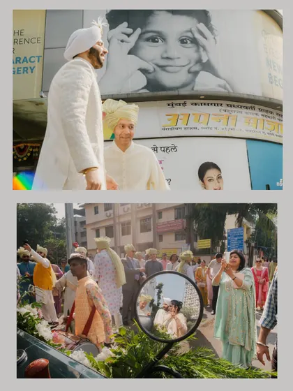 Creative shots of the baraat, including a reflection in a car mirror, capturing the vibrant and bustling atmosphere of a Mumbai wedding procession.