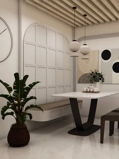 The dining area in this concept features a bench seating arrangement to save space, complemented by modern art and minimalist pendant lighting for a chic, contemporary feel.