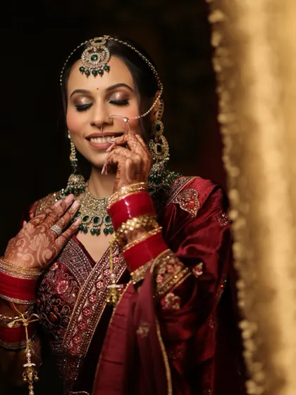 A moment of quiet joy for this beautiful bride. Her makeup features a soft smokey eye and a neutral lip, allowing her natural beauty and stunning velvet lehenga to take center stage.