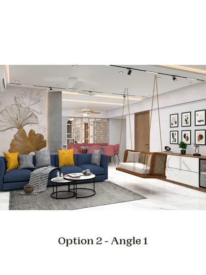 This image presents 'Option 2' of a living room 3D design for a client. It features a blue sofa, a hanging swing, and a light wood media console, creating a bright and airy feel. We provide multiple options to ensure the final design perfectly matches our client's taste.
