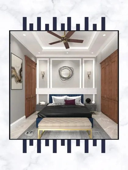 Every detail in our bedrooms whispers sophistication. This design concept features symmetrical wardrobes, elegant wall sconces, and a modern art piece to create a balanced and luxurious space.