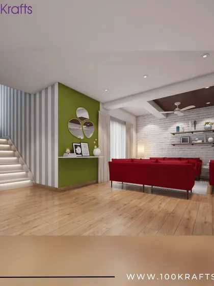 Another view of the 'Bohemian Fusion' living room, showing how we use elements like striped wallpaper and an accent green wall to define different zones within an open-plan space.