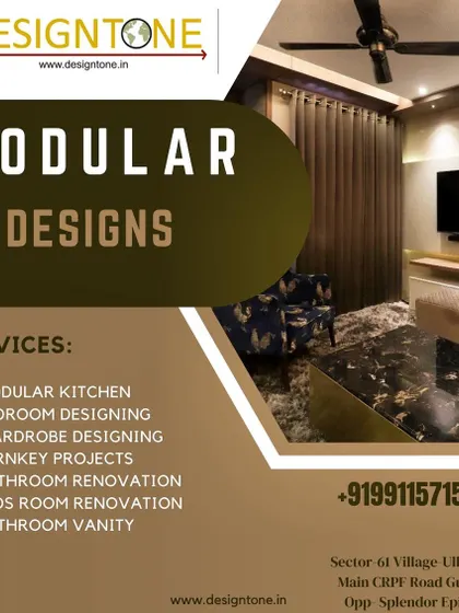 A list of our modular design services, including modular kitchens, bedroom designing, wardrobe designing, turnkey projects, and bathroom renovations.